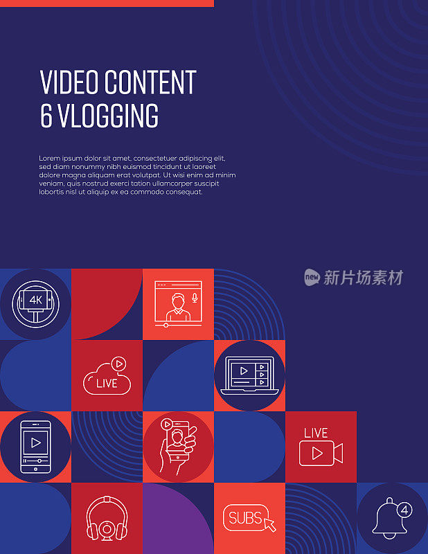 Vlogging, Youtuber和视频内容相关的设计与线图标。简单的轮廓符号图标。